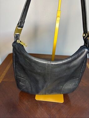 Liz Claiborne Black Leather Shoulder Bag with Gold Hardware